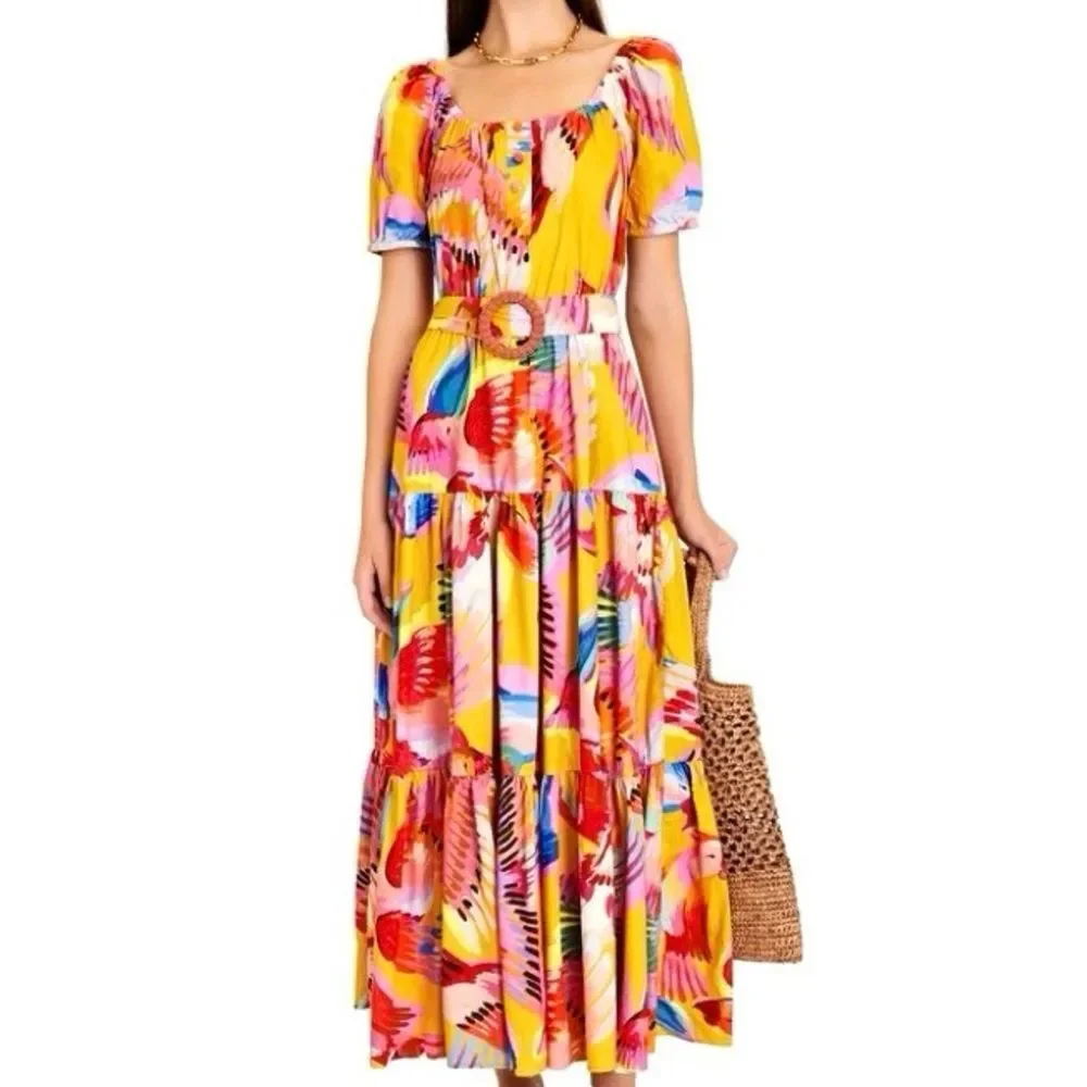 SOLD FARM Rio Neon Macaws Maxi Dress Beaded Tropical Bird Yellow Pink Size L - Picture 4 of 16